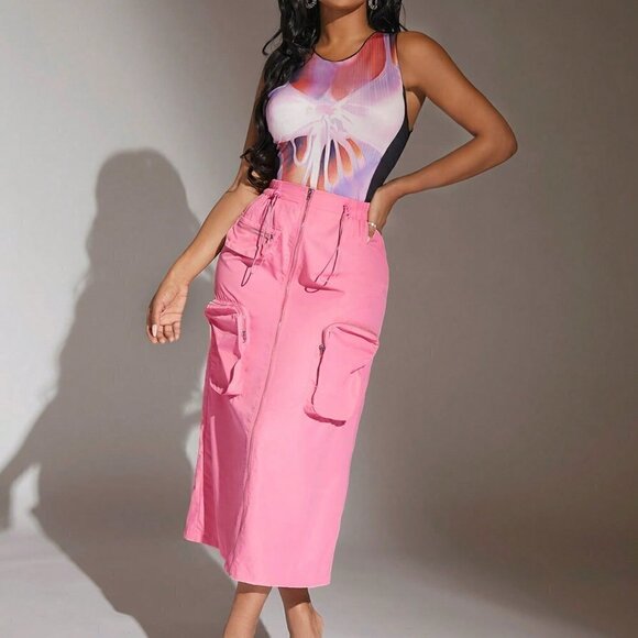 Pink Casual Womens Drawstring Waist Zip Up Pocket Patched Skirt - Picture 1 of 5